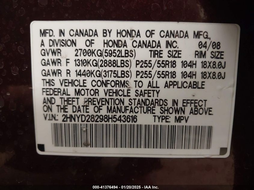 2008 Acura Mdx VIN: 2HNY28298H543616 Lot: 41376494