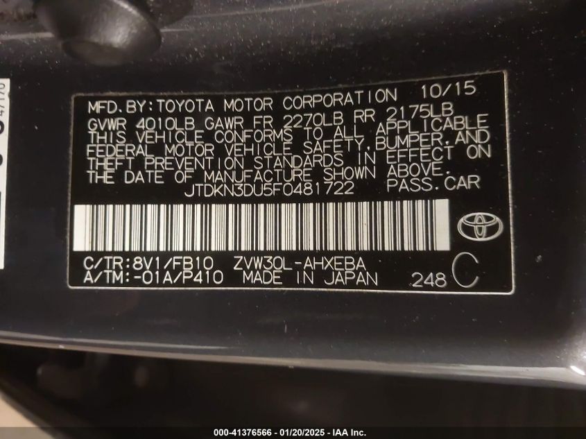 VIN JTDKN3DU5F0481722 2015 Toyota Prius, Two no.9