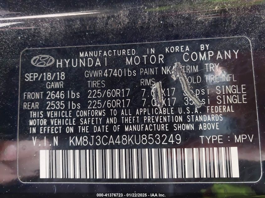 2019 Hyundai Tucson VIN: KMHJ3CA48KU853249 Lot: 41376723