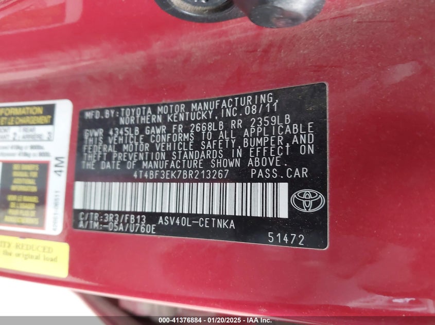 2011 TOYOTA CAMRY VIN: 4T4BF3EK7BR213267