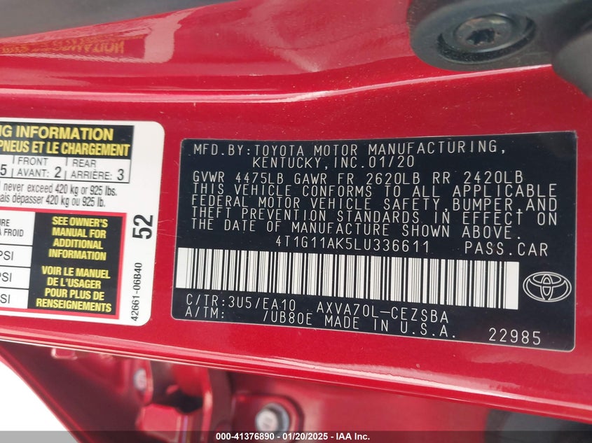 2020 TOYOTA CAMRY VIN: 4T1G11AK5LU336611