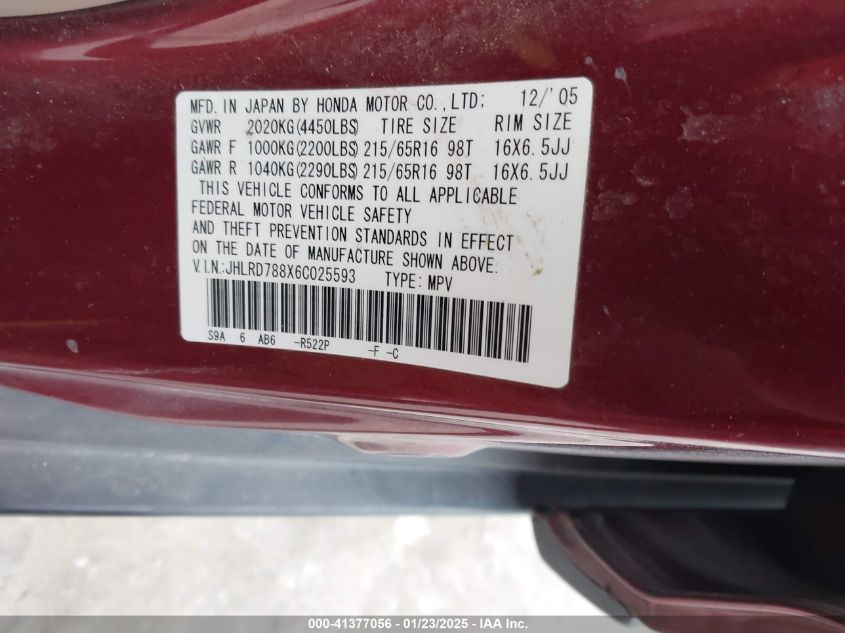 2006 Honda Cr-V Ex VIN: JHLRD788X6C025593 Lot: 41377056