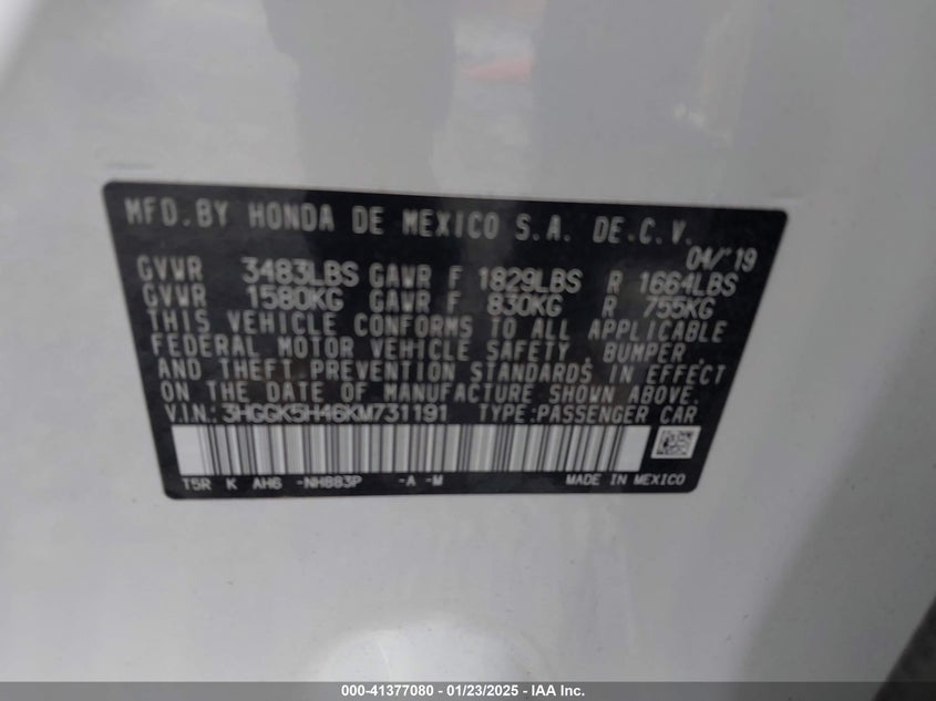 2019 HONDA FIT VIN: 3HGGK5H46KM731191