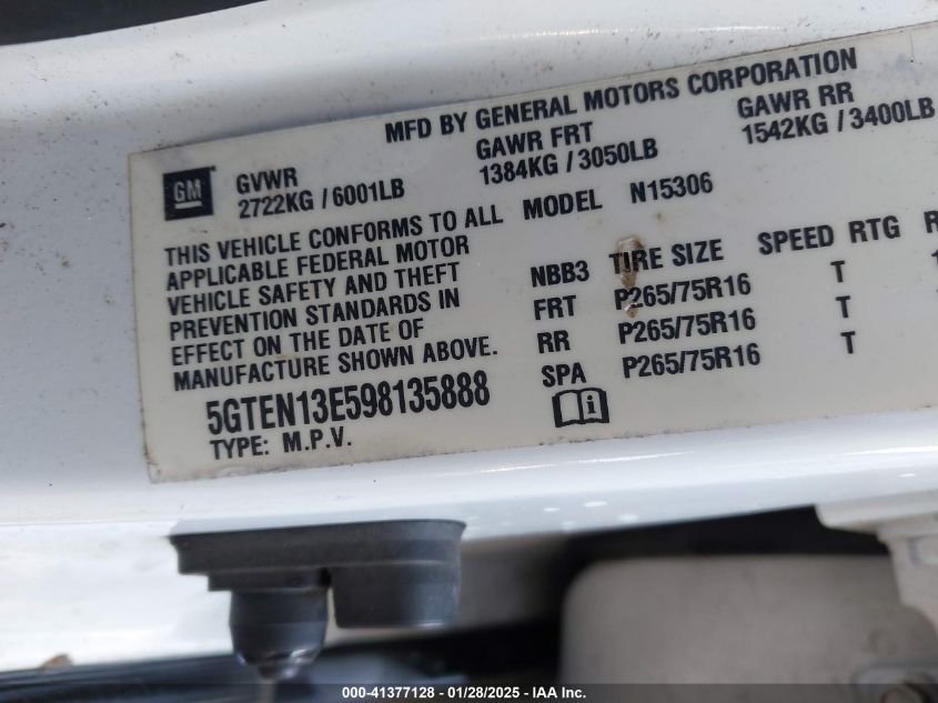 2009 Hummer H3 Suv VIN: 5GTEN13E598135888 Lot: 41377128