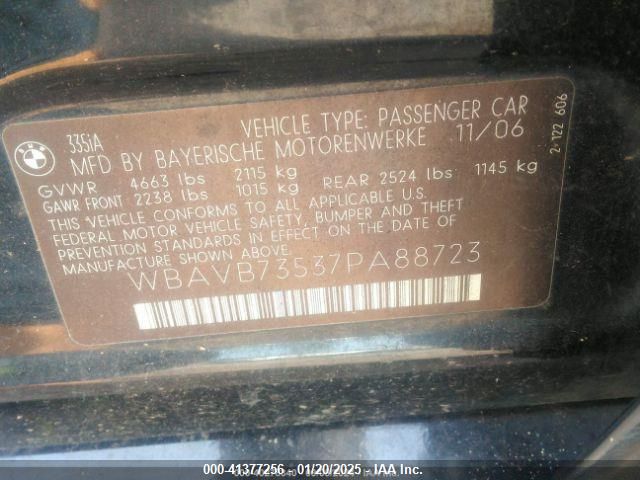 2007 BMW 335I VIN: WBAVB73537PA88723 Lot: 41377256