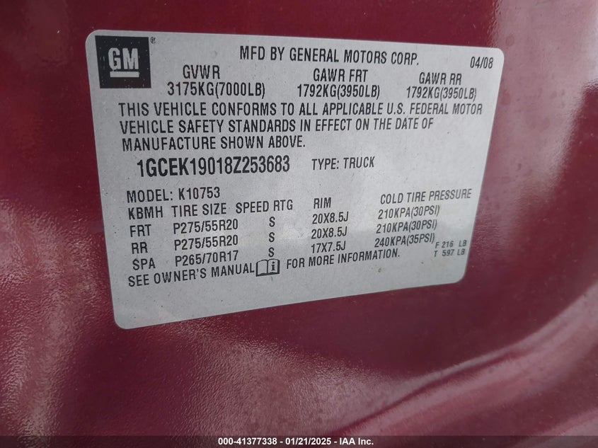 2008 CHEVROLET SILVERADO 1500 VIN: 1GCEK19018Z253683