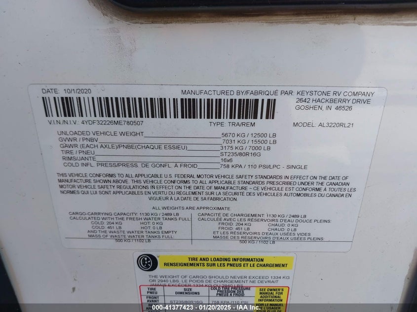 2021 KEYSTONE OTHER(VIN: 4YDF32226ME780507