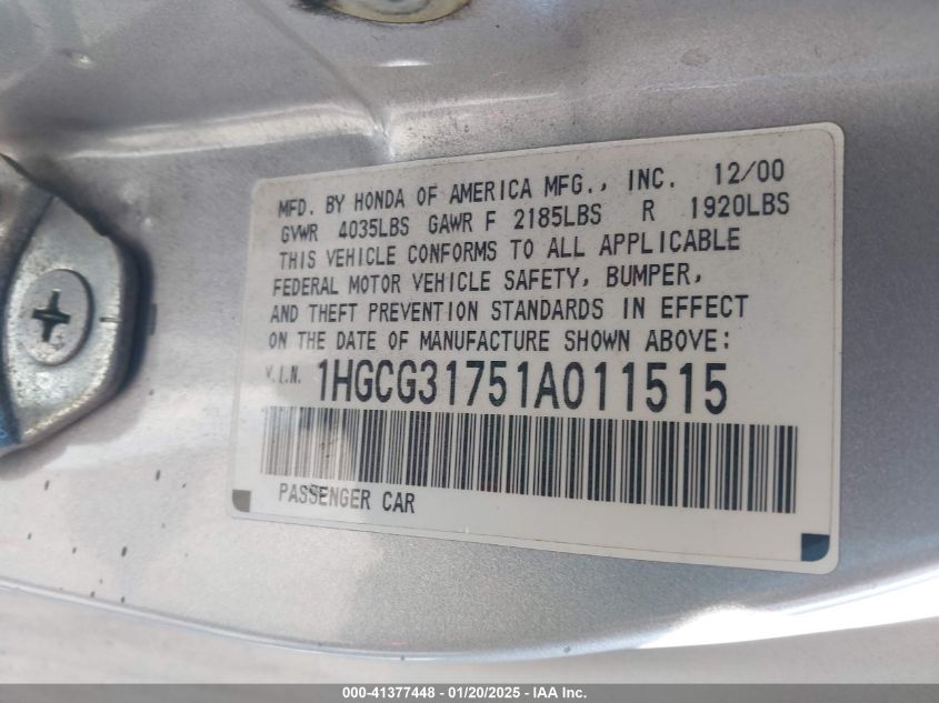 2001 Honda Accord 2.3 Ex VIN: 1HGCG31751AO11515 Lot: 41377448
