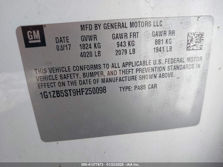 2017 CHEVROLET MALIBU VIN: 1G1ZB5ST9HF250098