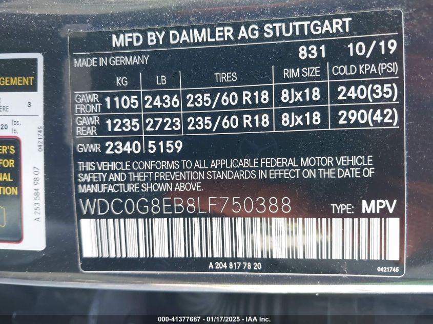 2020 MERCEDES-BENZ GLC 300 4MATIC - WDC0G8EB8LF750388