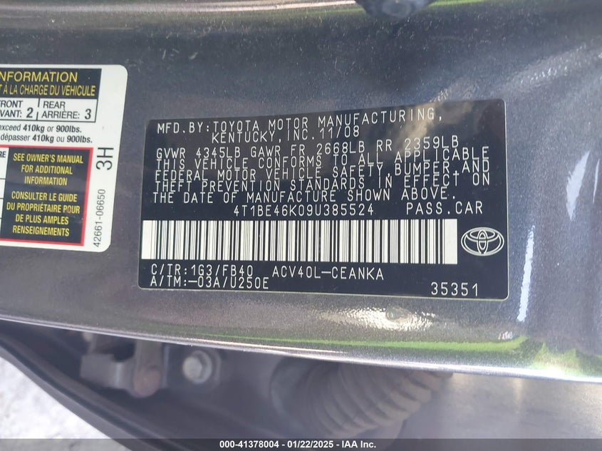 2009 TOYOTA CAMRY VIN: 4T1BE46K09U385524