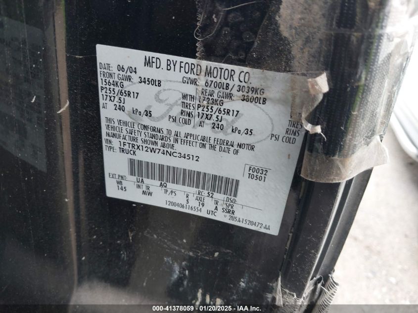 2004 Ford F-150 Stx/Xl/Xlt VIN: 1FTRX12W74NC34512 Lot: 41378059