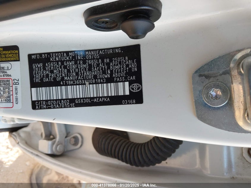 2006 TOYOTA AVALON VIN: 4T1BK36BX6U081843