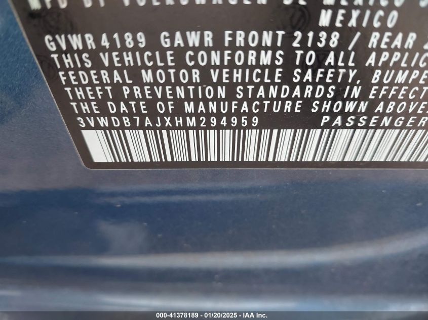 2017 Volkswagen Jetta 1.4T Se VIN: 3VWDB7AJXHM2949 Lot: 41378189