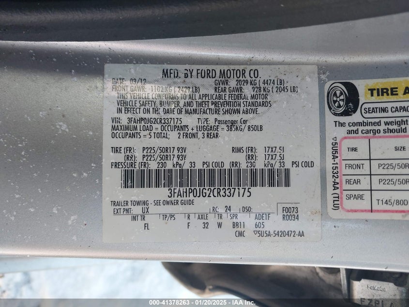 2012 FORD FUSION VIN: 3FAHP0JG2CR337175