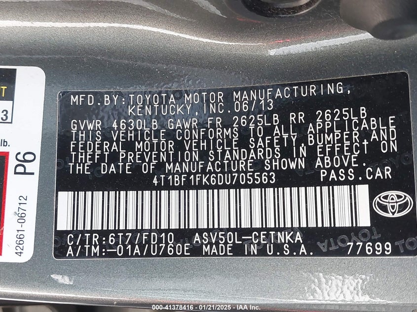 2013 TOYOTA CAMRY VIN: 4T1BF1FK6DU705563