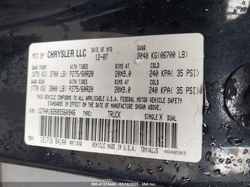 2008 DODGE RAM 1500 VIN: 1D7HA18268S560946