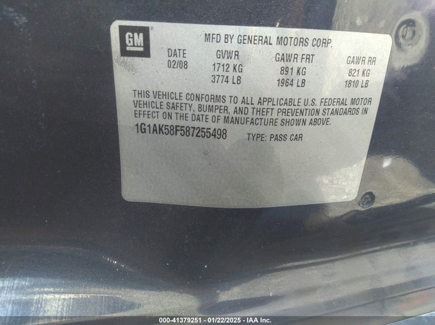 2008 CHEVROLET COBALT VIN: 1G1AK58F587255498