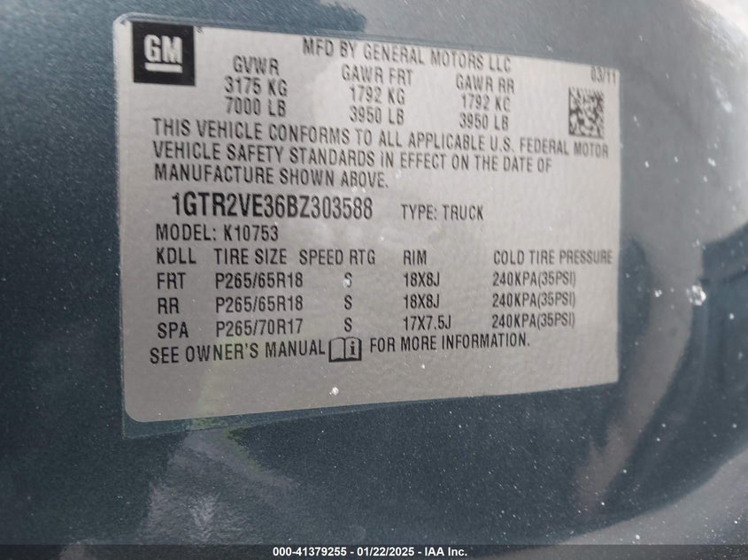 2011 GMC SIERRA 1500 VIN: 1GTR2VE36BZ303588