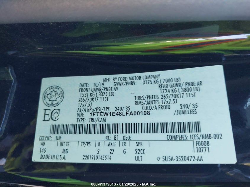 2020 FORD F-150 VIN: 1FTEW1E48LFA00108