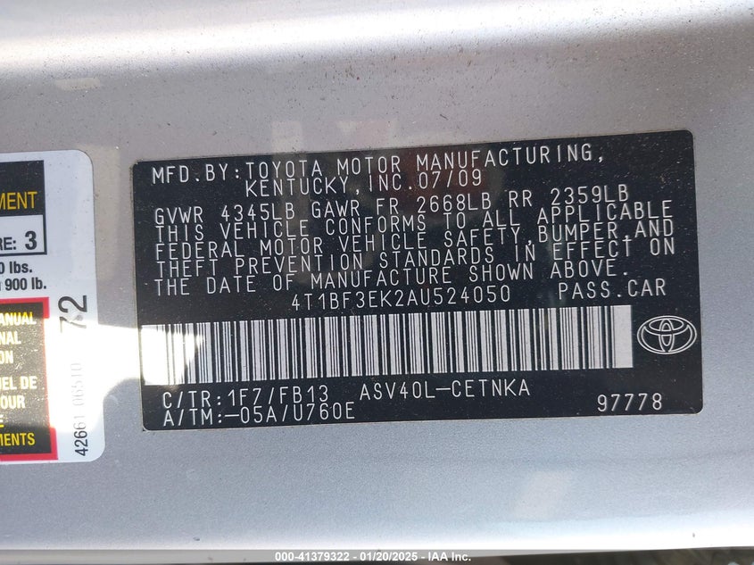 2010 TOYOTA CAMRY VIN: 4T1BF3EK2AU524050