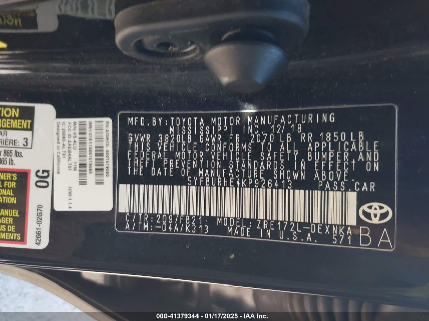 2019 Toyota Corolla Le VIN: 5YFBURHE4KP926413 Lot: 41379344