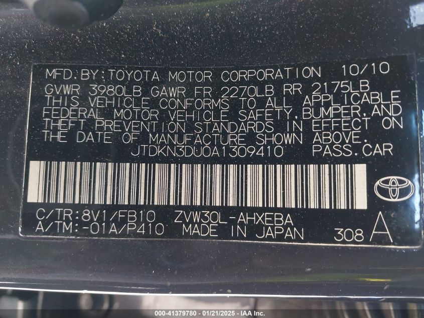 2010 Toyota Prius Ii VIN: JTDKN3DU0A1309410 Lot: 41379780
