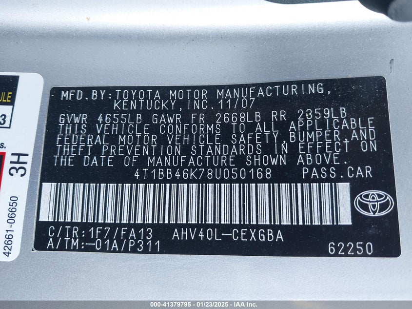 2008 TOYOTA CAMRY VIN: 4T1BB46K78U050168