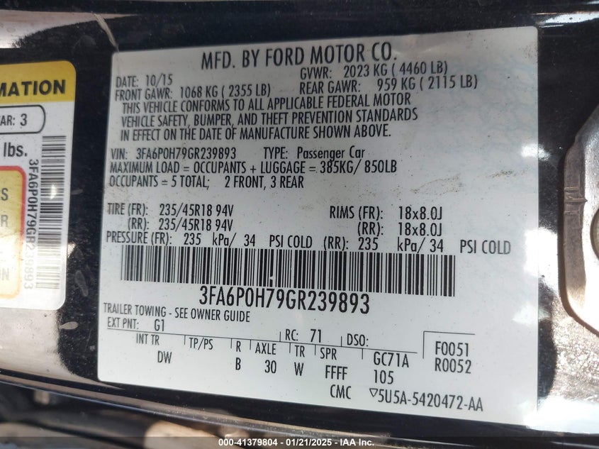 2016 FORD FUSION VIN: 3FA6P0H79GR239893