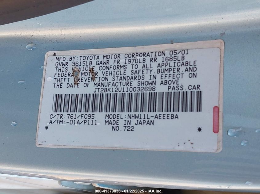 2001 Toyota Prius VIN: JT2BK12U110032698 Lot: 41379835