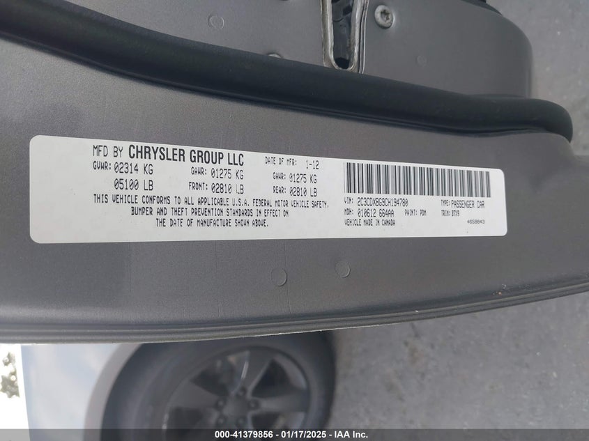 2012 DODGE CHARGER VIN: 2C3CDXBG9CH194780