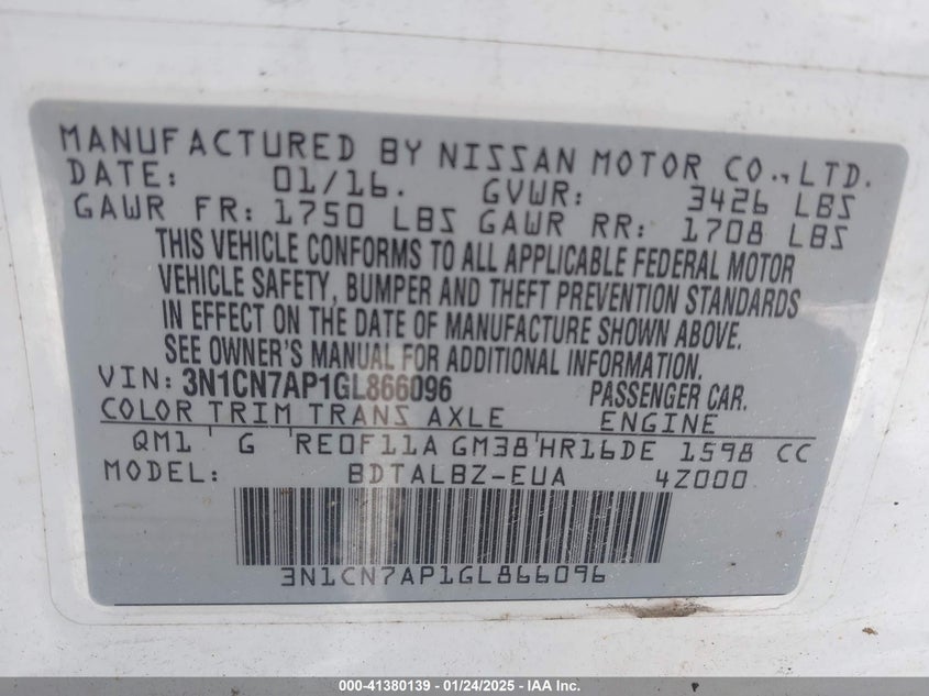 2016 NISSAN VERSA VIN: 3N1CN7AP1GL866096