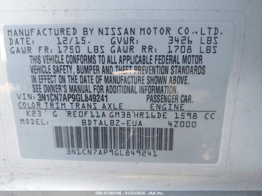 2016 Nissan Versa VIN: 3NLCNAP9GL849241 Lot: 41380166