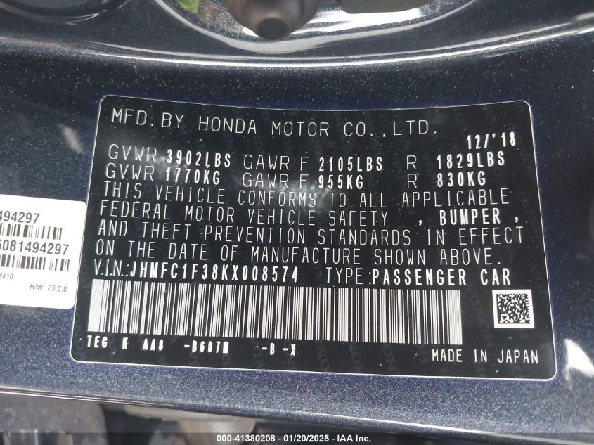 2019 Honda Civic Ex VIN: JHMFC1F38KX008574 Lot: 41380208