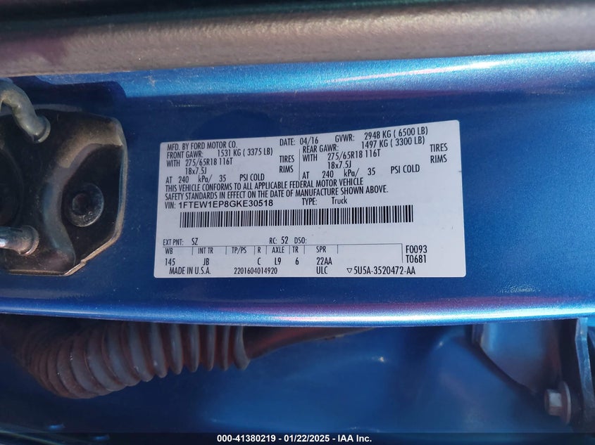 2016 FORD F150 VIN: 1FTEW1EP8GKE30518