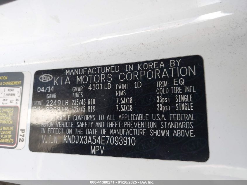 VIN KNDJX3A54E7093910 2014 KIA Soul, ! no.9