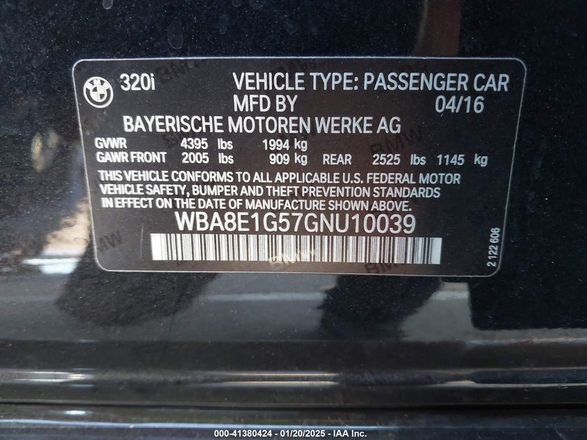 2016 BMW 320 VIN: WBA8E1G57GNU10039