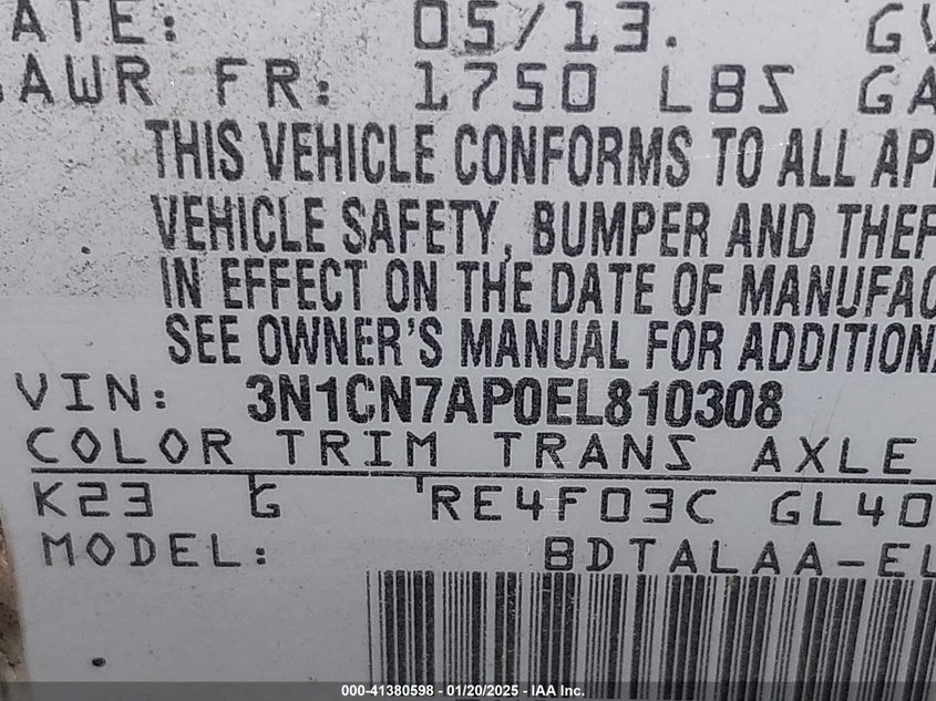 2014 NISSAN VERSA VIN: 3N1CN7AP0EL810308