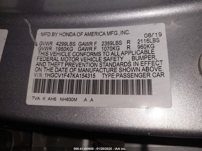VIN 1HGCV1F47KA154315 2019 HONDA ACCORD EX