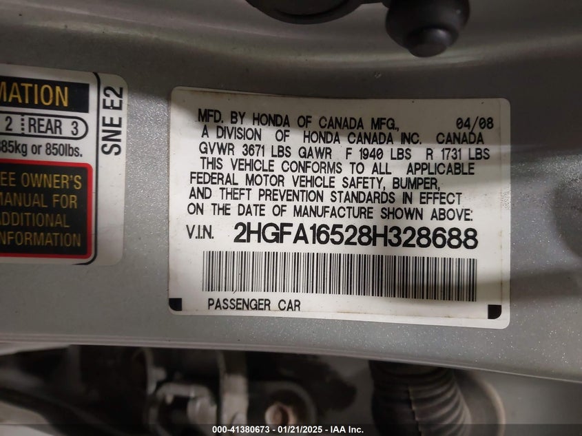 2008 HONDA CIVIC VIN: 2HGFA16528H328688