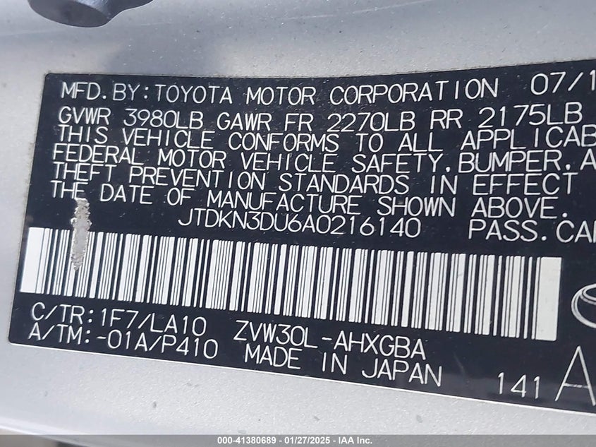 2010 TOYOTA PRIUS VIN: JTDKN3DU6A0216140