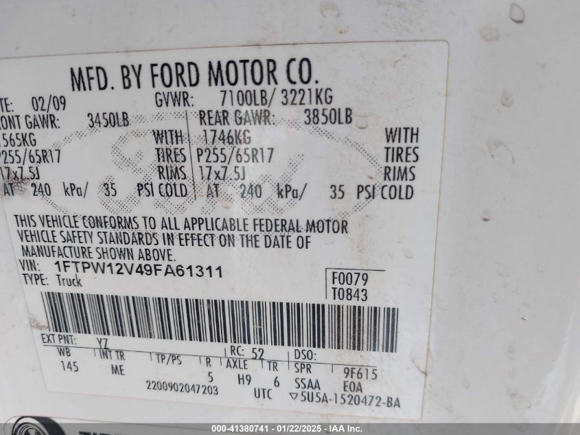 2009 Ford F-150 King Ranch/Lariat/Platinum/Xl/Xlt VIN: 1FTPW12V49FA61311 Lot: 41380741