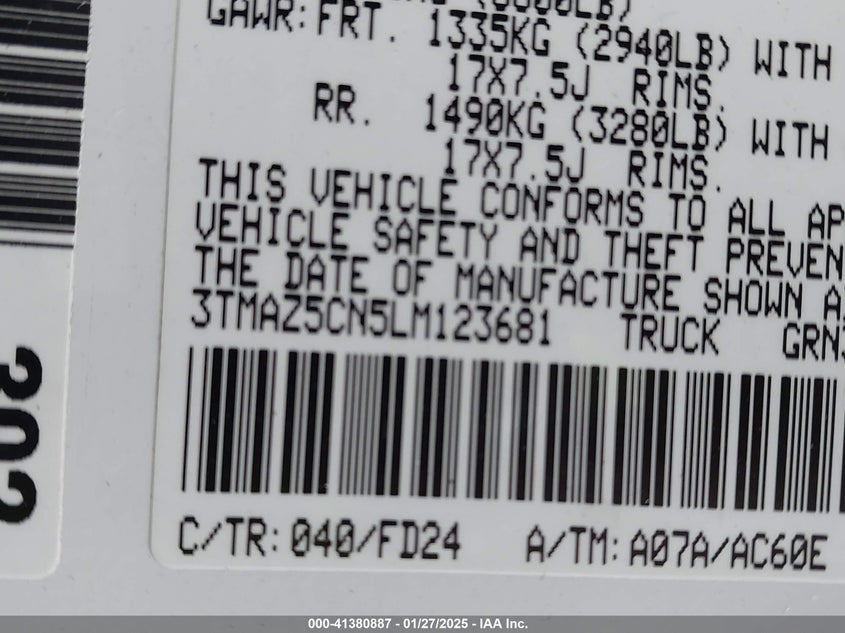 2020 TOYOTA TACOMA VIN: 3TMAZ5CN5LM123681