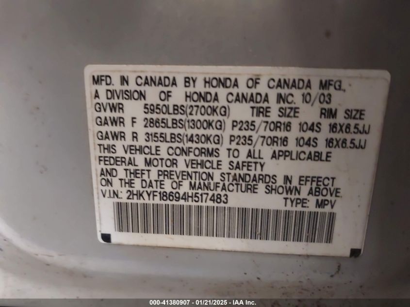 2004 Honda Pilot Ex-L VIN: 2HKYF18694H517483 Lot: 41380907