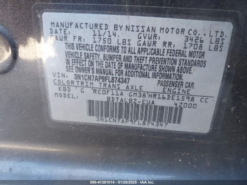 VIN 3N1CN7AP9FL874347 2015 Nissan Versa, 1.6 SV no.9