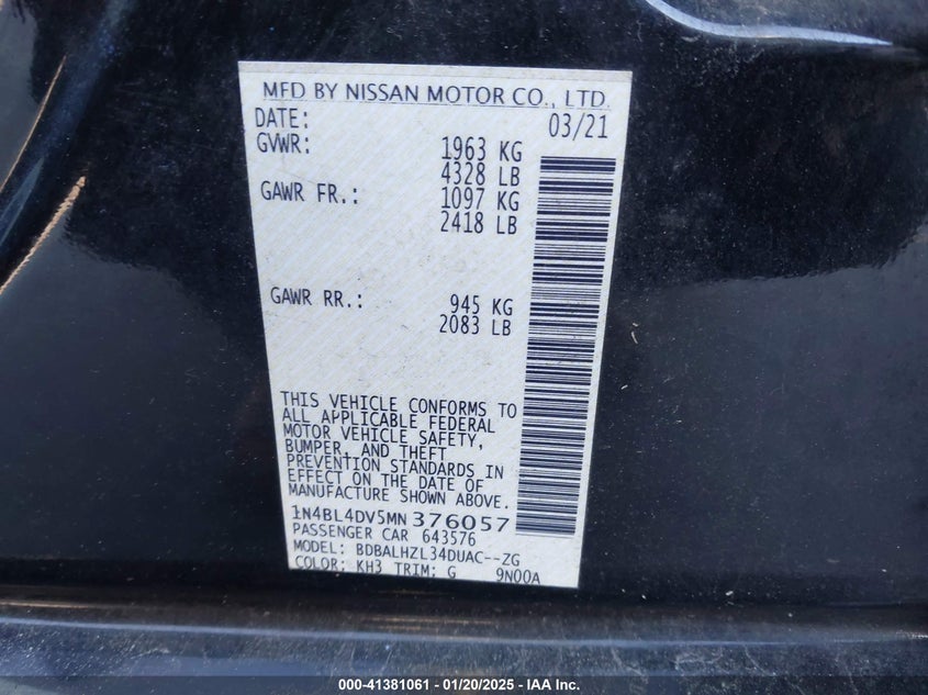 2021 NISSAN ALTIMA VIN: 1N4BL4DV5MN376057