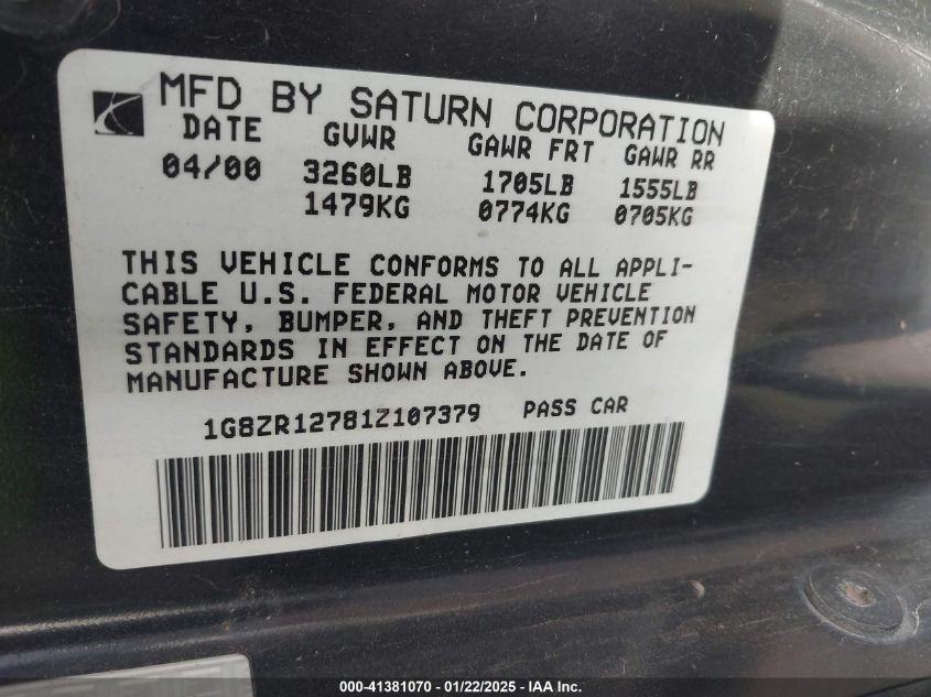 2001 Saturn Sc2 VIN: 1G8ZR12781Z10739 Lot: 41381070