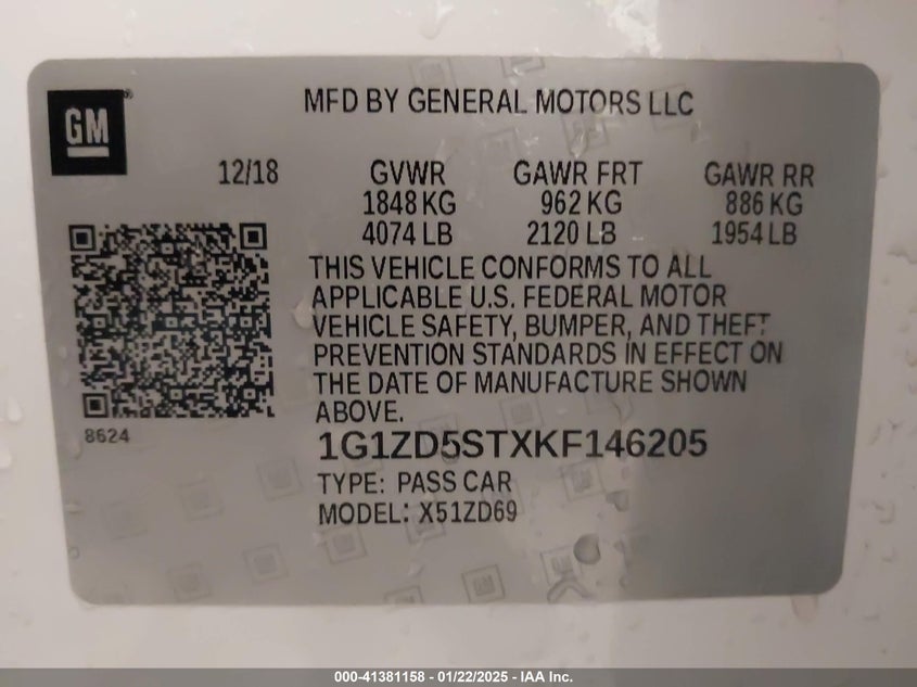 2019 Chevrolet Malibu Lt VIN: 1G1ZD5STXKF146205 Lot: 41381158