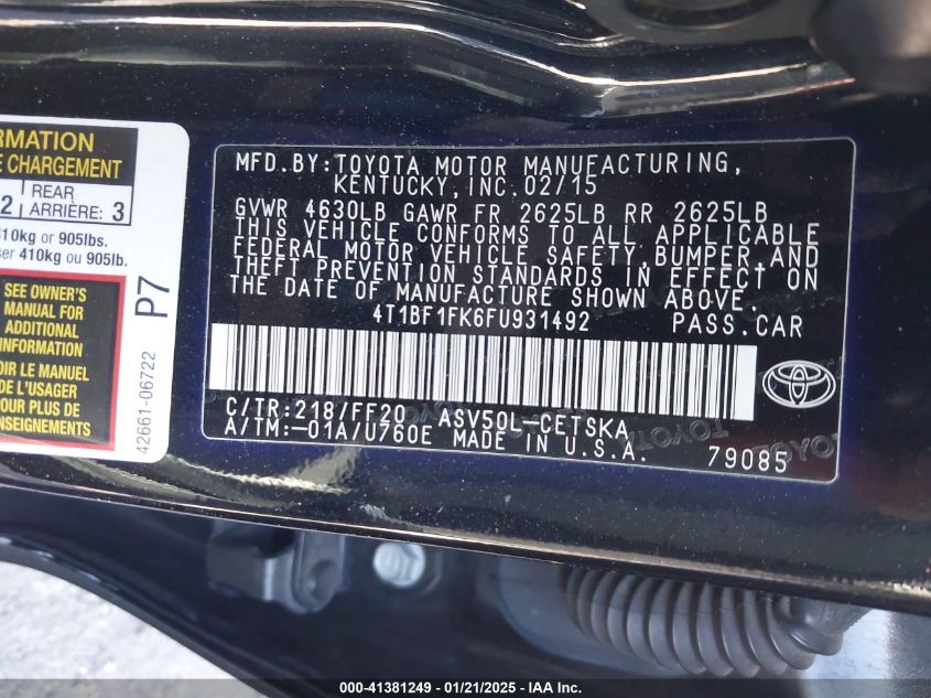 VIN 4T1BF1FK6FU931492 2015 Toyota Camry, SE no.9