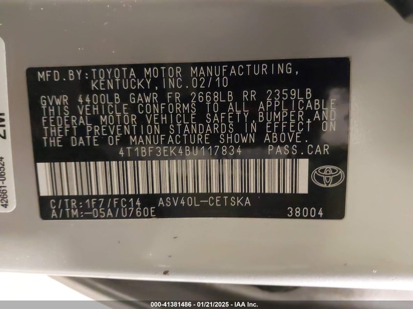 2011 TOYOTA CAMRY VIN: 4T1BF3EK4BU117834